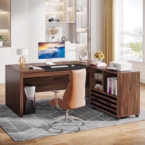 62.2" Executive Desk with Mobile File Cabinet, L-Shaped Dark Brown and Black gallery