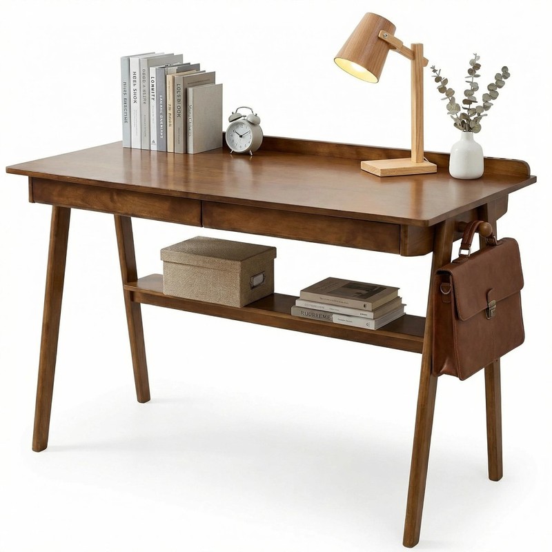 Solid Wood Writing Desk, 2 Drawers & Shelf, Mid Century Walnut for Home Office