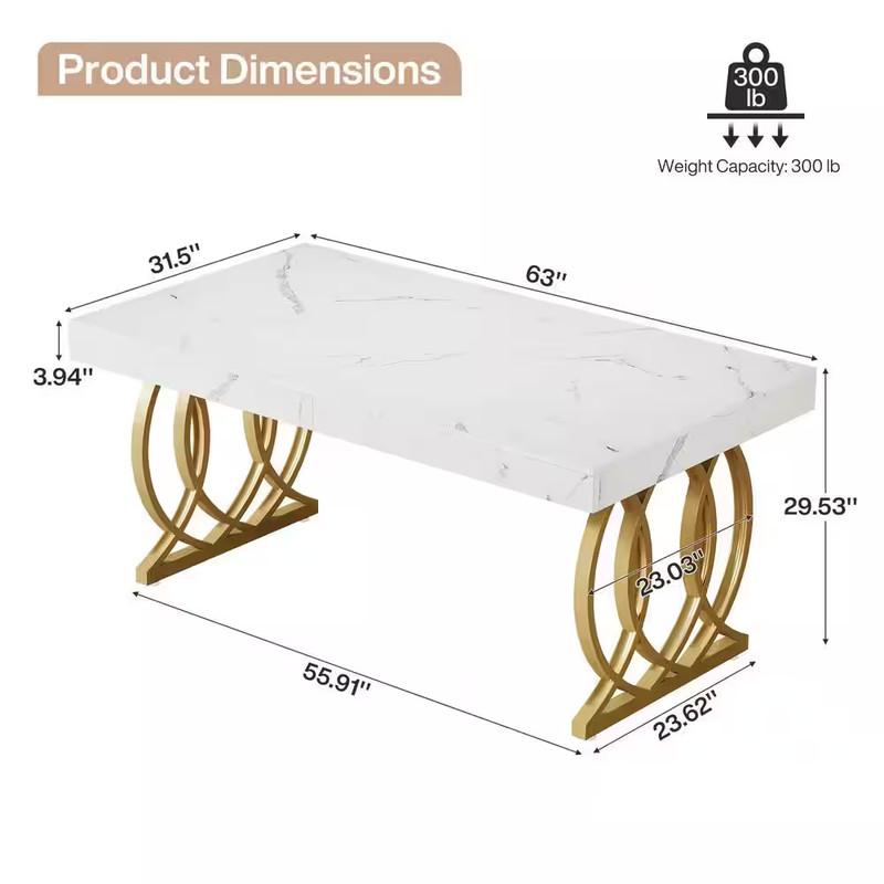 63 In. Rectangular White and Gold Wood Computer Desk with Metal Base, Modern Exe gallery