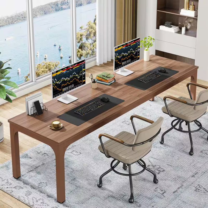 Moronia 78.7In. Rectangle Matte Brown Wooden Extra Long Computer Desk 2 Person D gallery