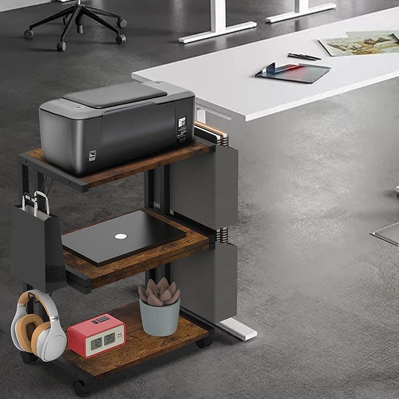 2Tier Rustic Brown Wooden Under Desk Mobile Printer Stand With Storage Bag gallery