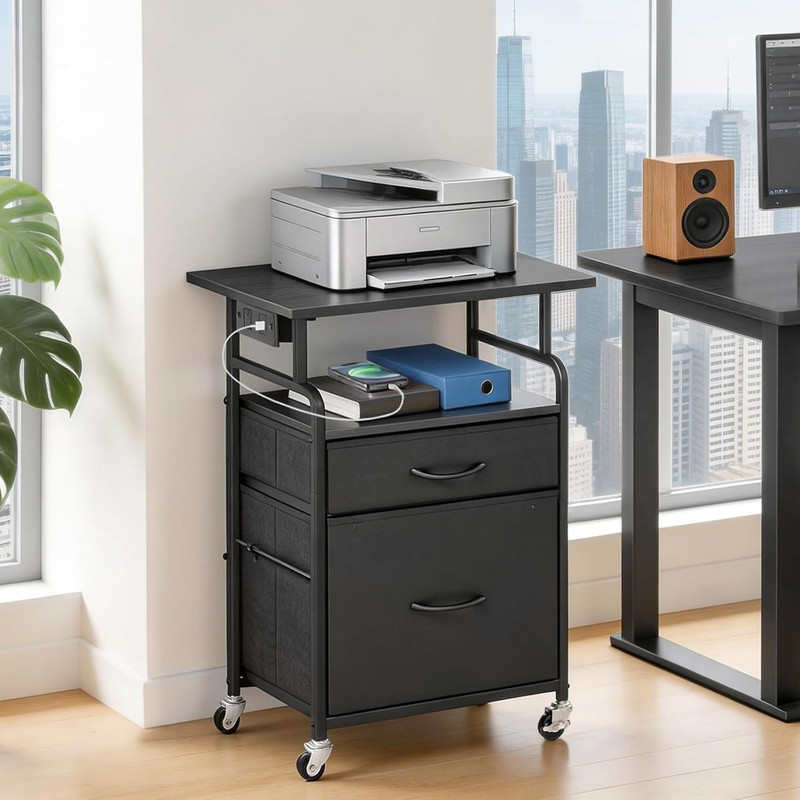 Printer Stand, Printer Table with Drawers, Mobile Filing Cabinet with Charging S gallery