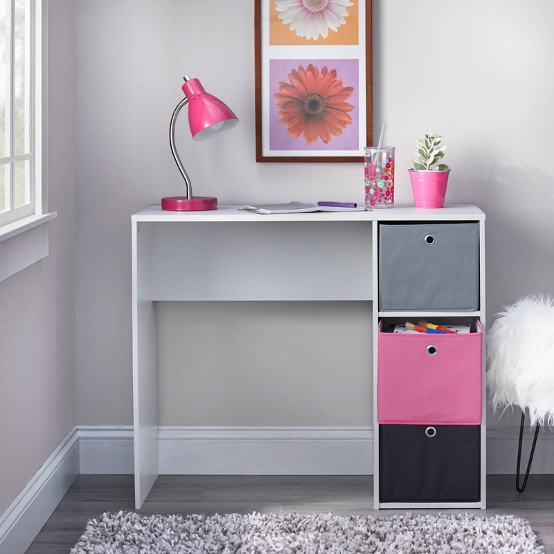 Student Writing Desk with 3 Fabric Bins White/Pink Space-Saving Design 35.5" gallery