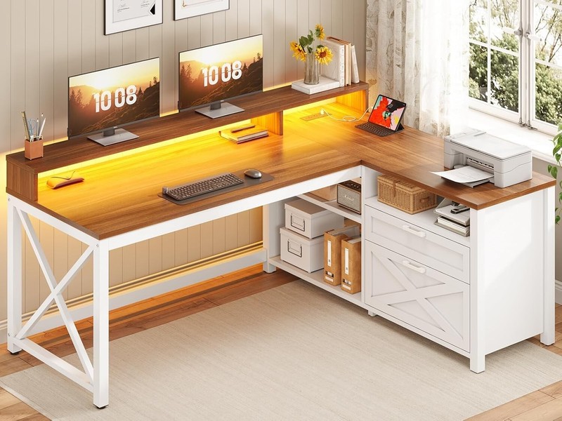 Farmhouse L Shaped Desk, 55″ Home Office Desk with Drawers and Storage Shelves