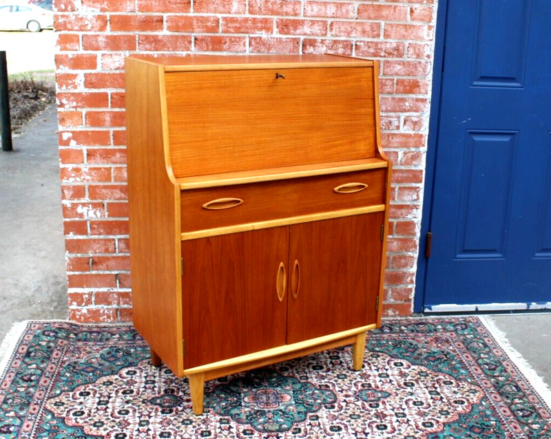 Mid Century Modern Teak Wood Front Drop Desk | Home Office Furniture