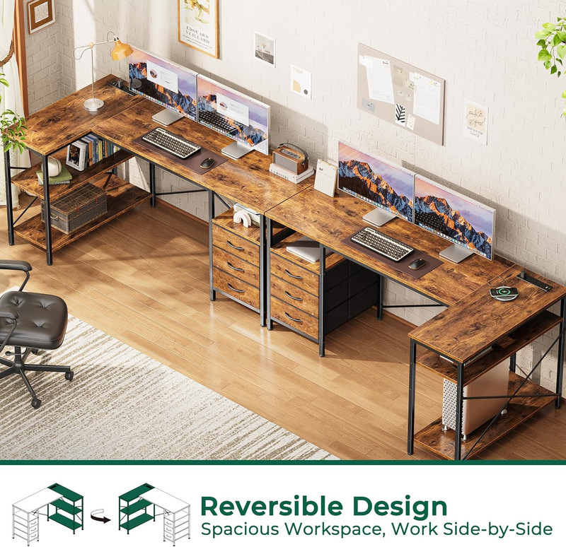 L Shaped Rustic Brown Office Desk with Power Outlets & 3 Drawers, Reversible gallery