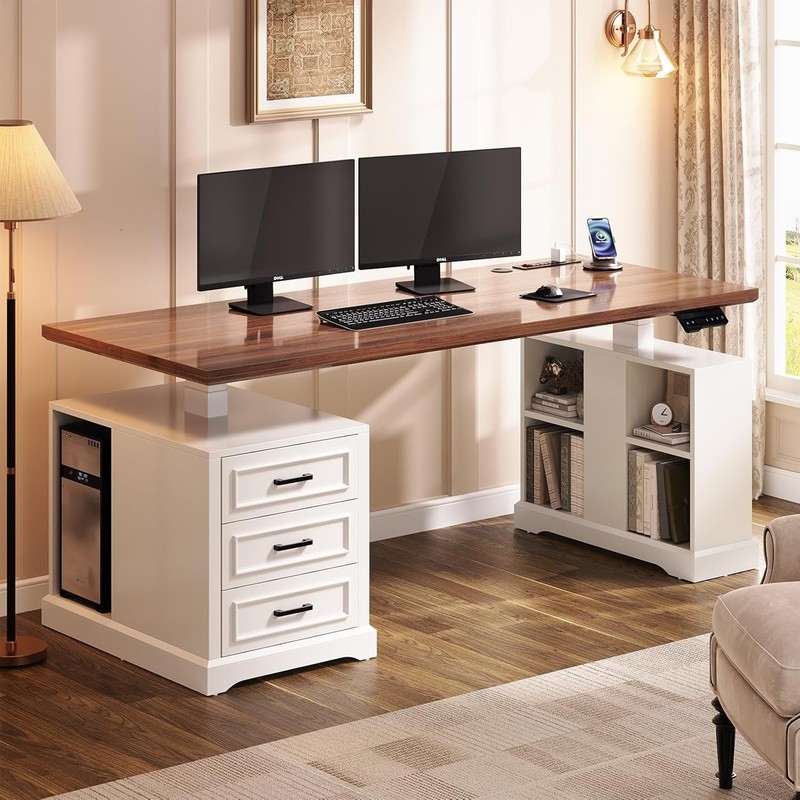 Farmhouse Electric Standing Desk 63″ Height Adjustable Computer Desk w/3 Drawers
