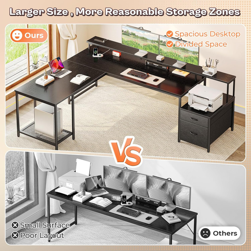 PRAISUN 66" L Shaped Gaming Desk with LED Lights & Power Outlets, Computer Desk gallery