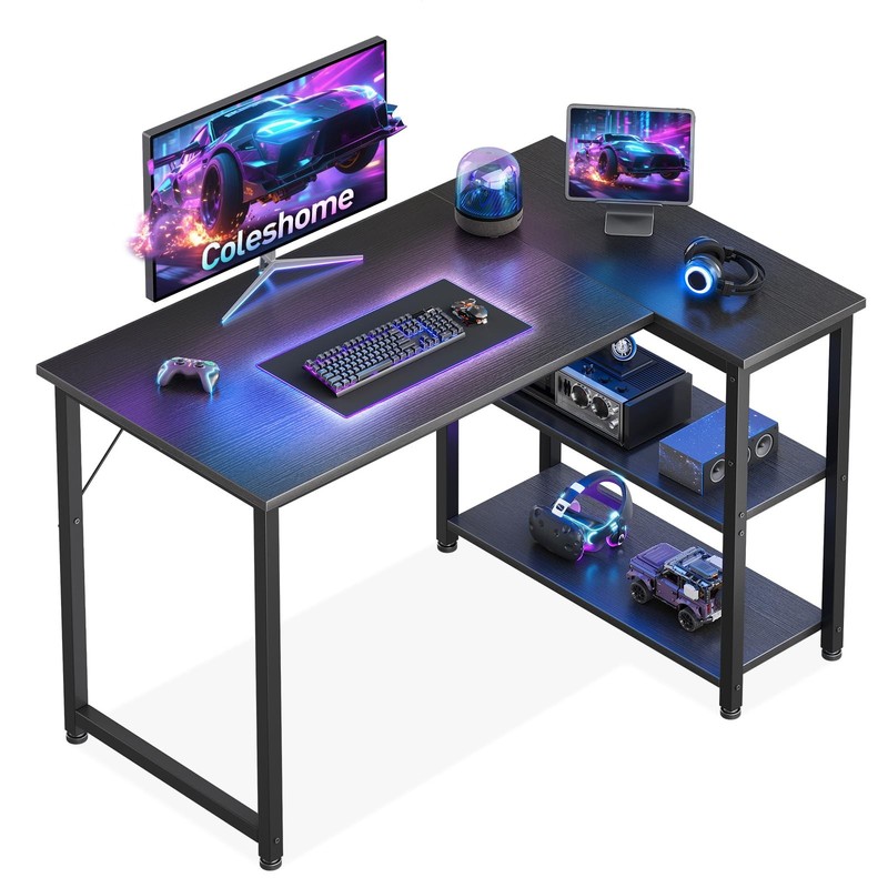 Gaming Table, 100x70cm Corner Desk with Reversible Storage Compartment, Space Saving...