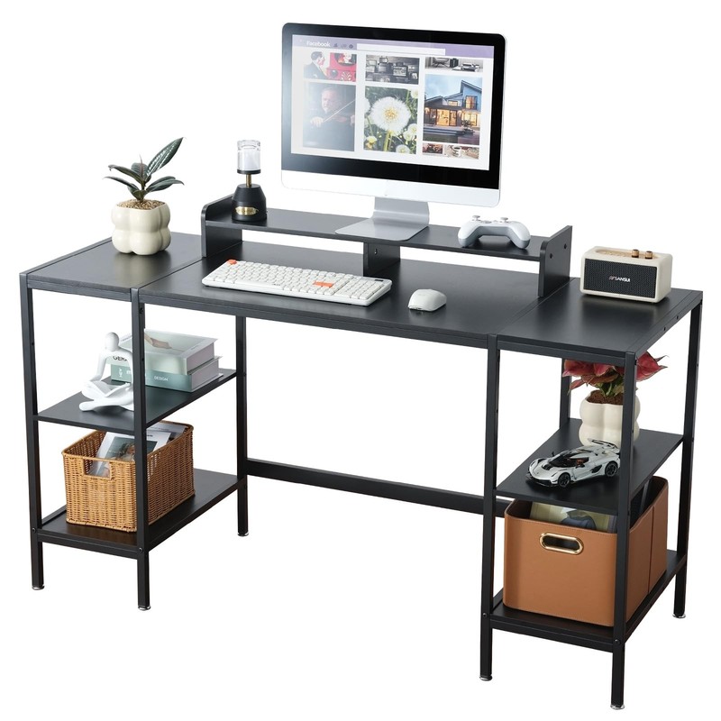 Computer Desk 55-inch with Storage Shelf – Black Ideal Gaming Desk for Bedroo…