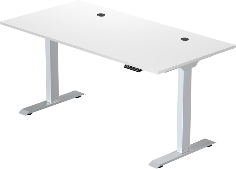Electric Compact Stand up Office Home Desk Table, White Frame, Warm White MDF Ta