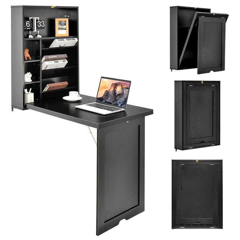Wall Mounted Space-Saving Desk w/ Spacious Tabletop & Upper Compartments Black