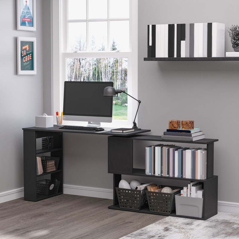 360° Rotating Home Office Corner Desk and Storage Shelf Combo L-Shaped Table