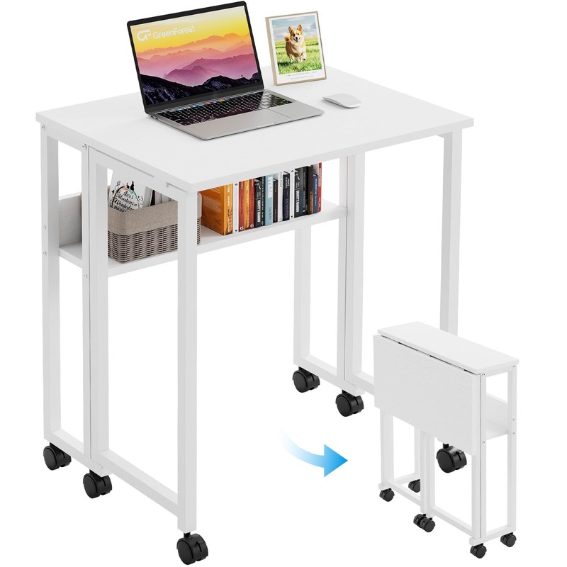 Small Folding Desk, 63cm Folding Desk with Castors, Simple M...