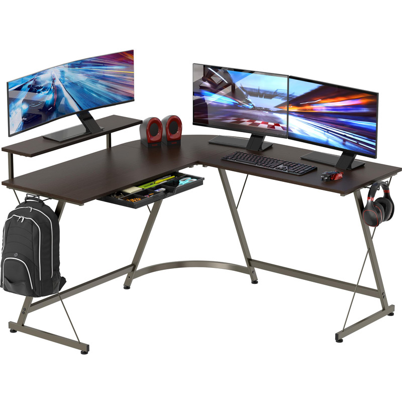 Shw 51 X 51 Inches Vista L-Shaped Desk Monitor Stand And Drawer Espresso