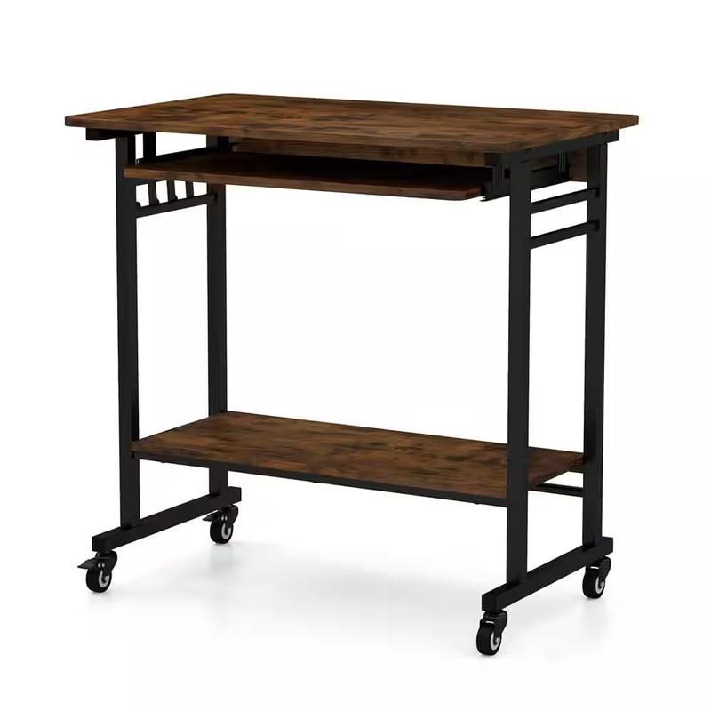 31.5 In. Rustic Brown Mobile Computer Desk with Pull-Out Keyboard Tray Compact L