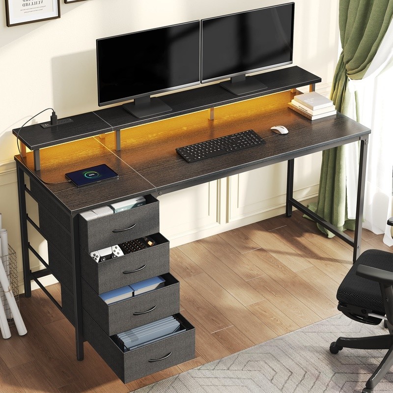 RGB LED Gaming Desk W/ Power Outlets Storage Drawers Compact Computer Table New