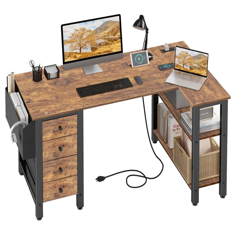 Lufeiya L Shaped Desk with Drawers & Storage Shelves, 47 Inch Corner Computer De