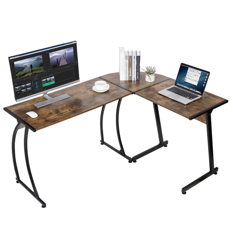 L Shaped Desk Corner Computer Gaming Laptop Table Workstation Brown Home Office