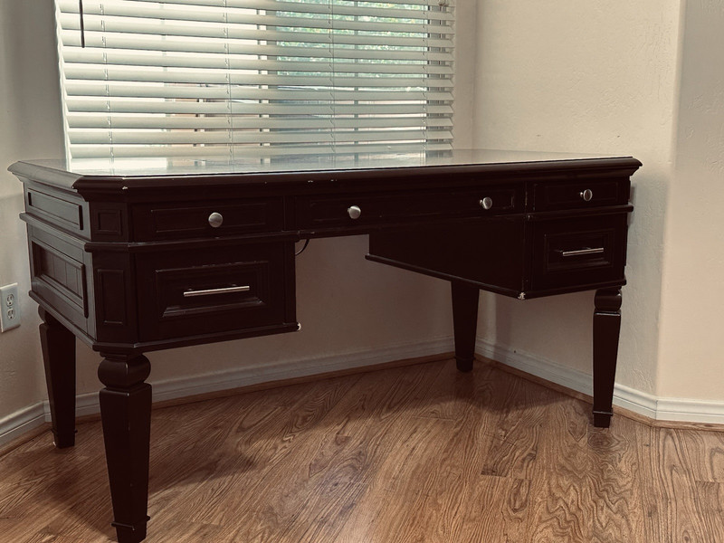 59x32x30 Dark Wood Writing Desk, 4 Drawers, Metal Handles, Brown Wood