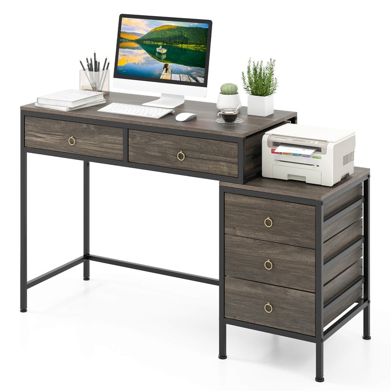 Computer Desk w/5 Drawers, Side File Cabinet, Heavy-duty Metal Frame for Office