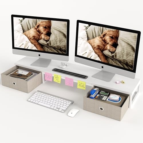 Dual Monitor Stand Riser with 2 Drawers – 39Inch Large 39.37 INCH White