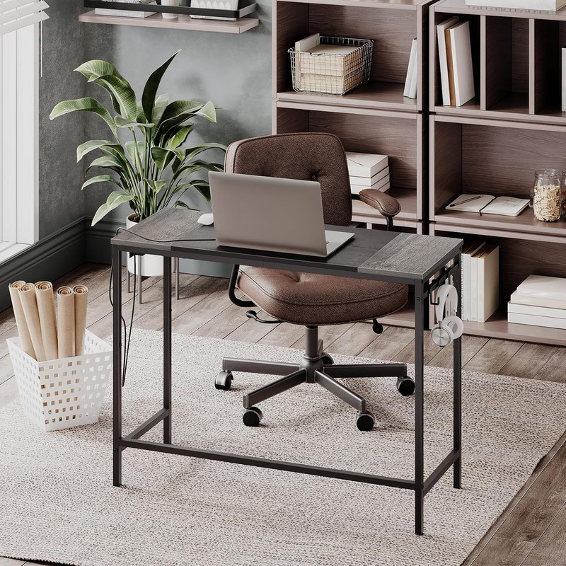Modern Computer Desk with Power Outlet & Hooks - Charcoal Gray & Black gallery