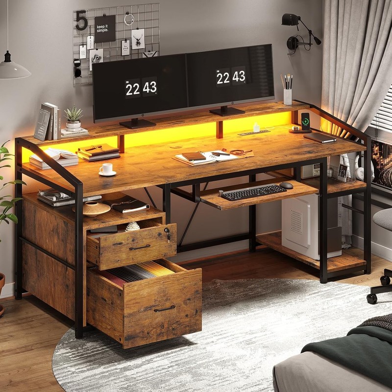 63" Computer Desk with LED Light and Power Outlet, Office Desk with Lock Drawers