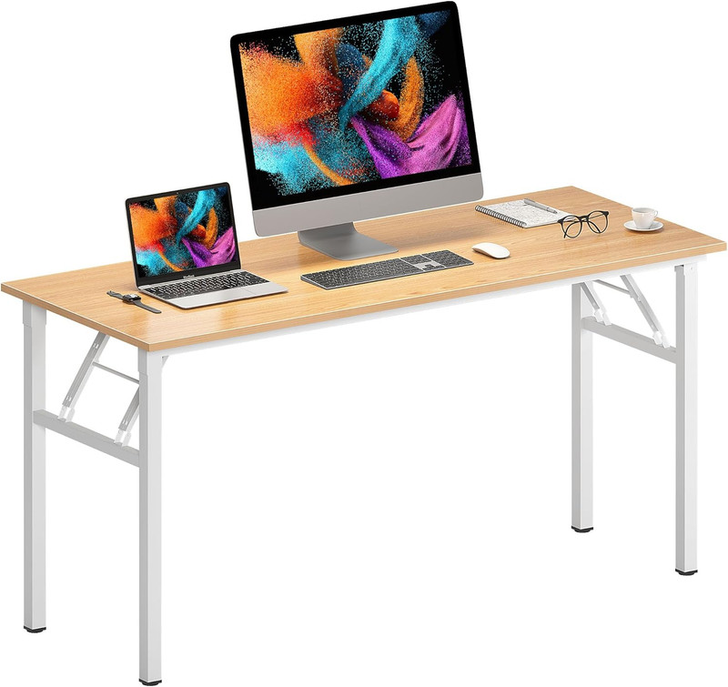 Spacious 60″ Foldable Home Office Desk – No Assembly, Sturdy Teak & White Frame