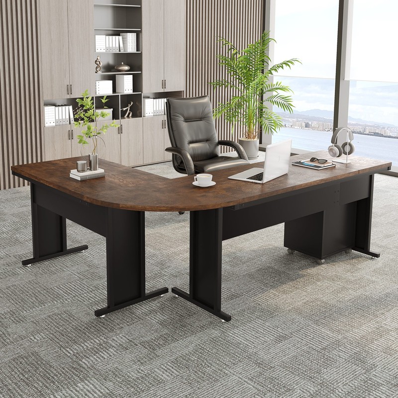 L-Shaped Executive Desk, 83» Large Office Computer Desk w/ Rolling File Cabinet