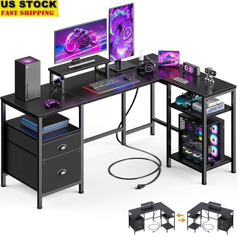 L Shaped Desk W/ Power Outlets USB Ports Monitor Stand Adjustable File Drawer