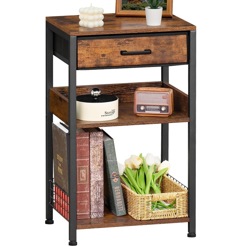 End Table with Fabric Drawer,3 Tier Industrial Wood Side Table with Storage,M…