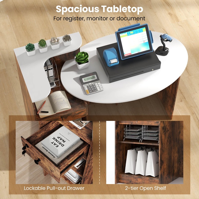 Reception Desk with Lockable Drawer & Adjustable Shelf Oval Tabletop for Store gallery