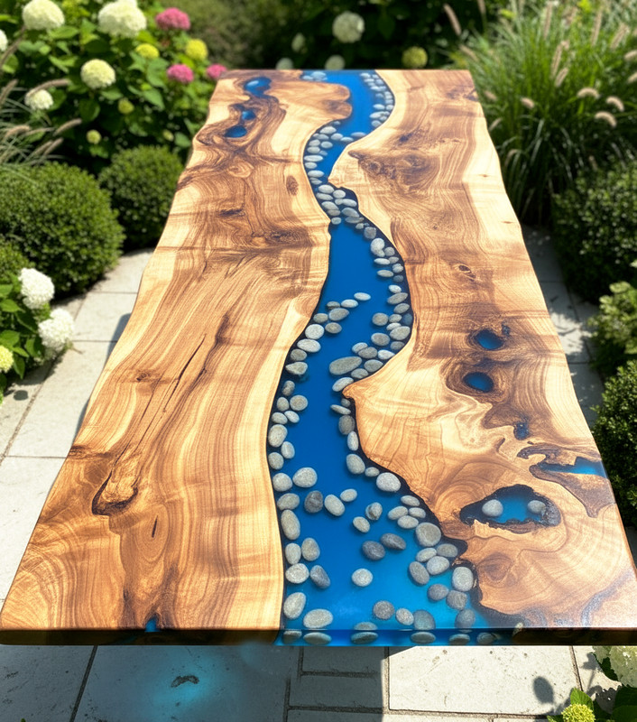 Blue Resin River Live Edge Dining Table with Pebbles | Handmade Epoxy Wood Table