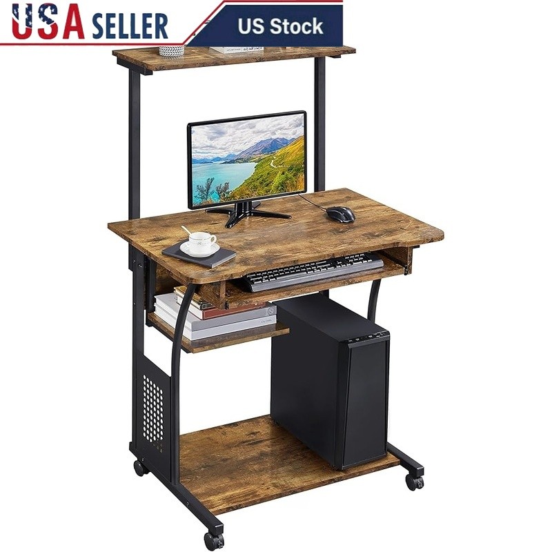 Ergonomic Rolling Laptop Desk W/ Storage Heavy-Duty Casters Mobile Workstation