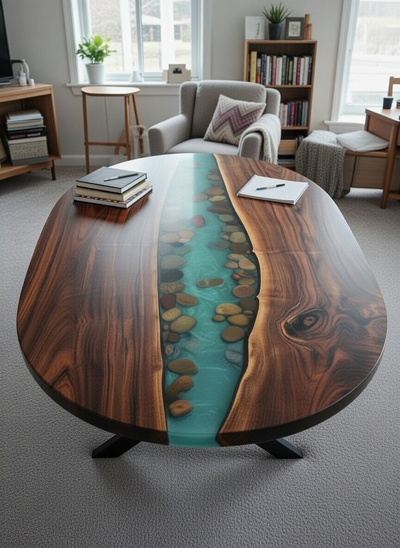 Blue River Pebbles Resin Live Edge Table – Handmade Epoxy Wood Slab Centerpiece gallery