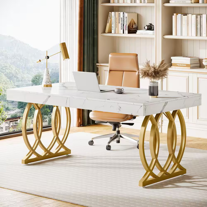63 In. Rectangular White and Gold Wood Computer Desk with Metal Base, Modern Exe gallery