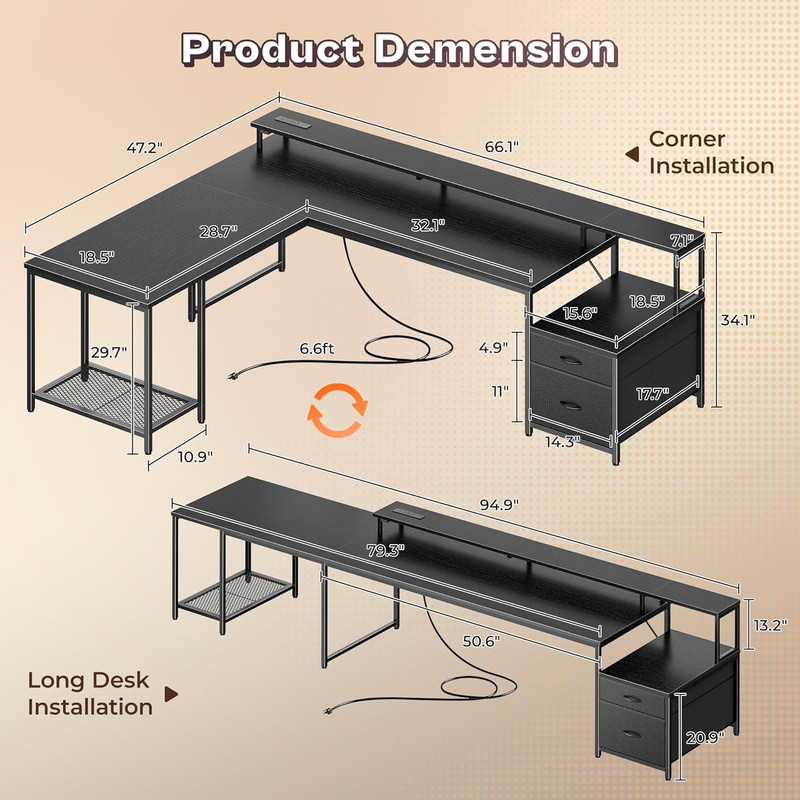 66" L Shaped Gaming Desk with LED Lights & Power Outlets, Computer Desk with Fab gallery