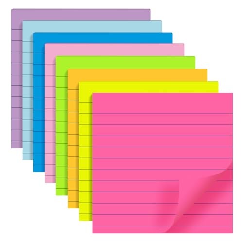 8 Pads Lined Sticky Notes 4×4 in Post, 8 Colors Self 4X4 in Bright Colors