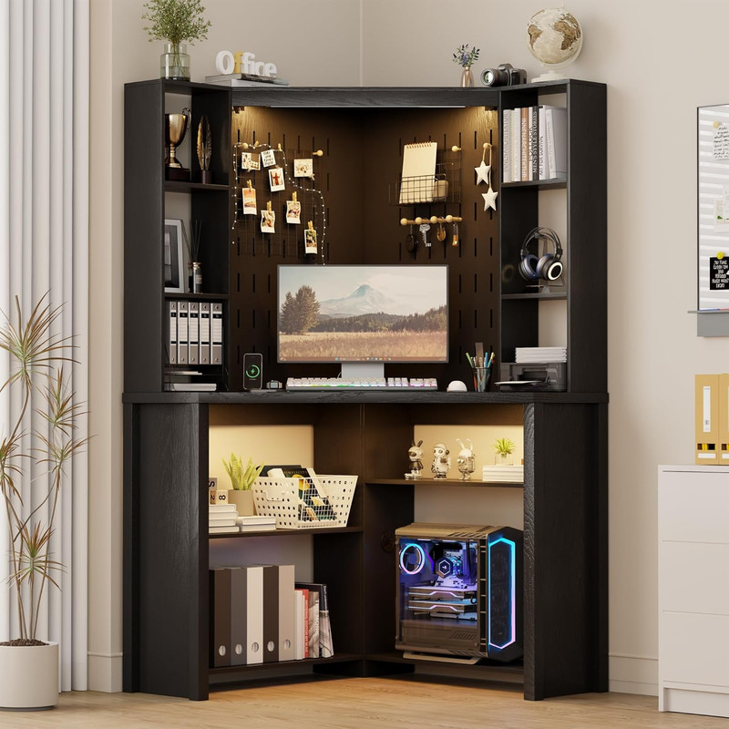 Corner Desk with LED Reading Lights, L Shaped Computer Desk with Hutch & Shelves