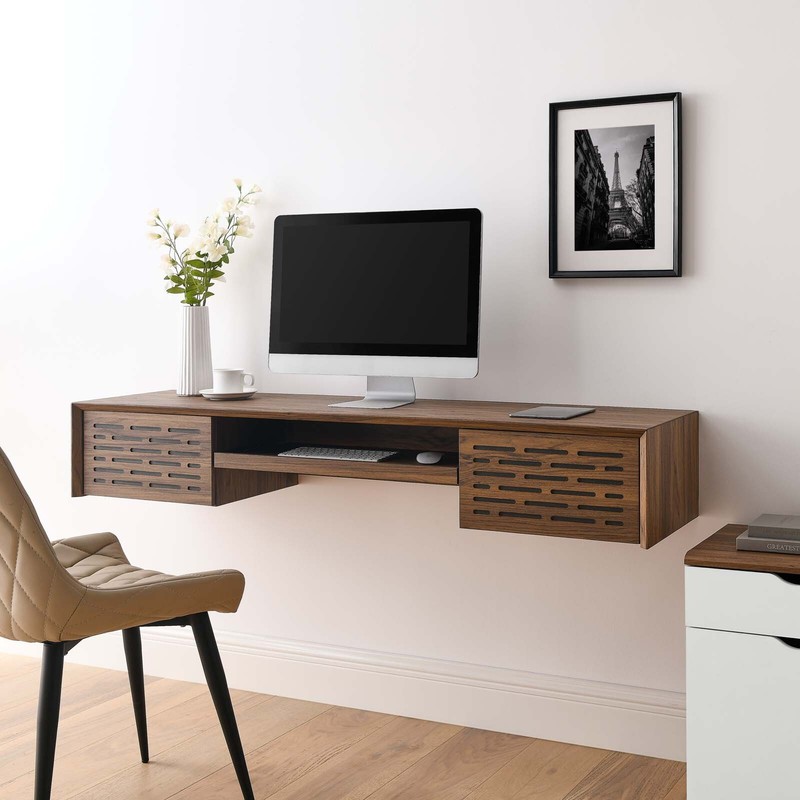 Modway Merit Mid-Century Modern 60″ Wall Mount Computer Office Desk in Walnut