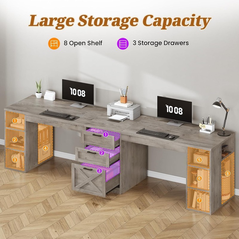 Farmhouse 96.5" Computer Desk, Long Two Person Desk w/3 Drawers &Storage Shelves gallery