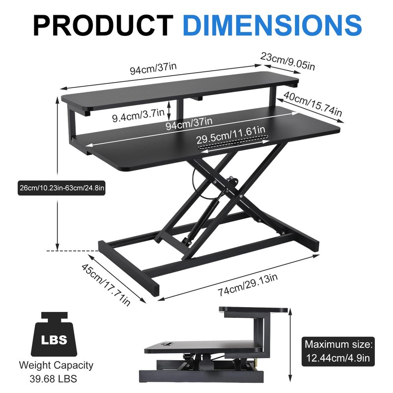37" Standing Desk Converter Pneumatic 4.9-18.5in Height Adjust Office Desk Riser gallery