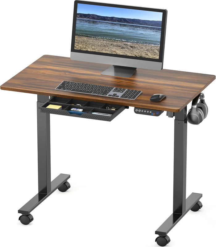 40-Inch Adjustable Sit-Stand Desk with Drawer and Hooks - Walnut Finish