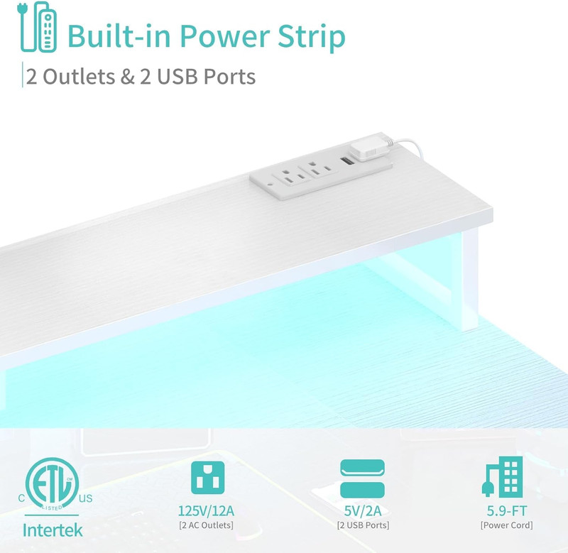 47" White Desk with Storage, LED Lights & Power Outlets for Home Office/Gaming gallery