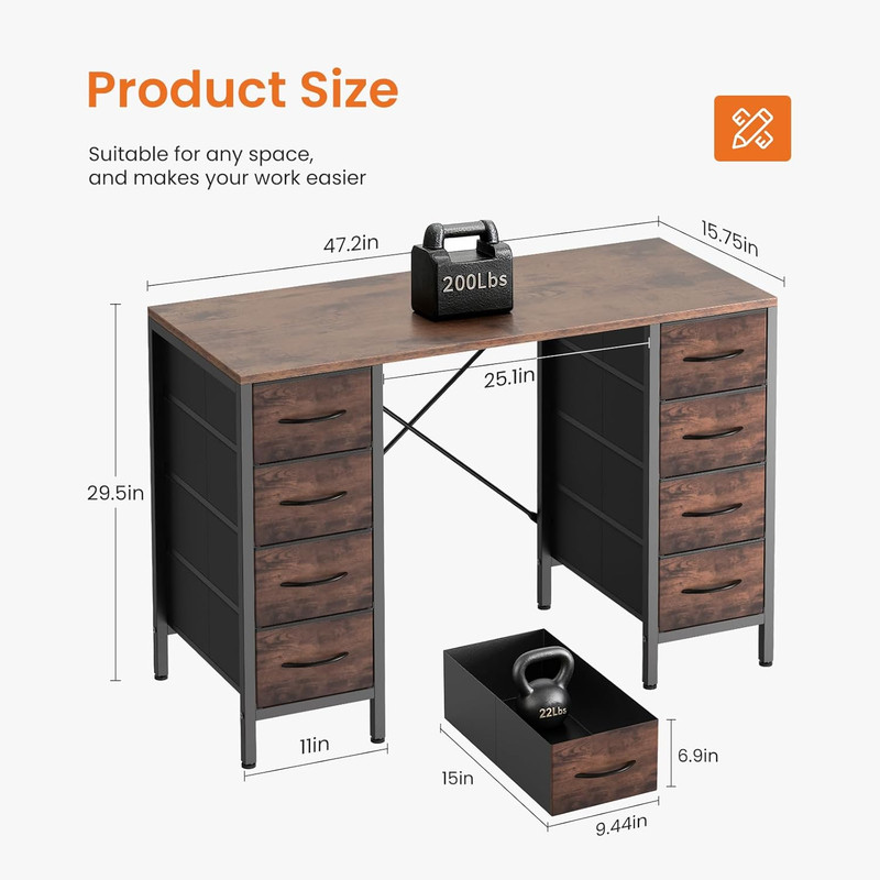 Computer Desk 47 Inch Brown with 8 Drawers Table Home Office Study Work Wood gallery