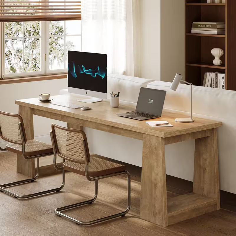 86.6 In. Rectangle Oak Color Wood 2 Person Computer Desk, Long Desk Double Desk