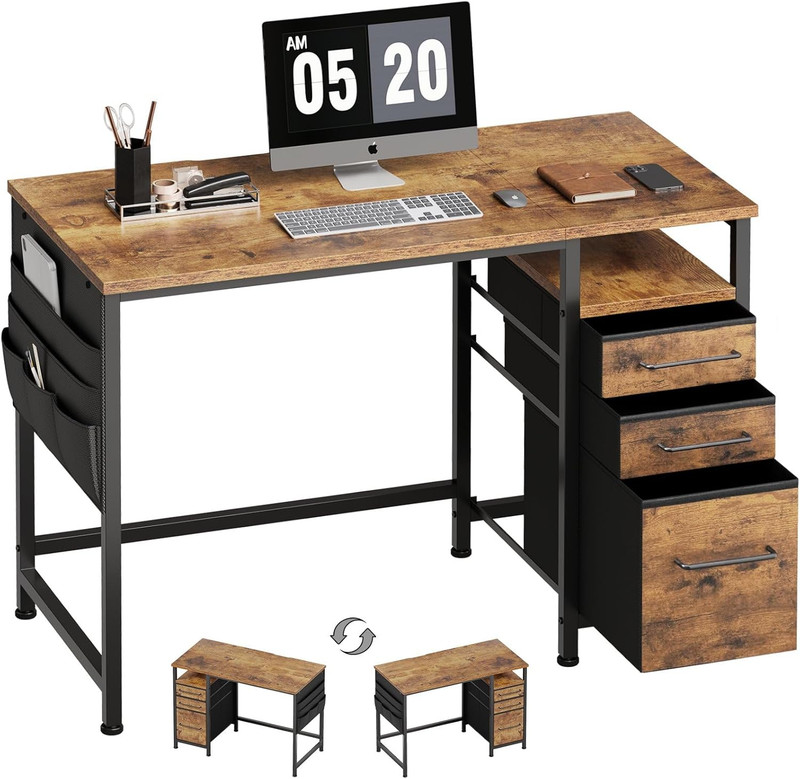 Small Desk with Drawers 40 Computer Writing Desk with Storage Rustic Brown