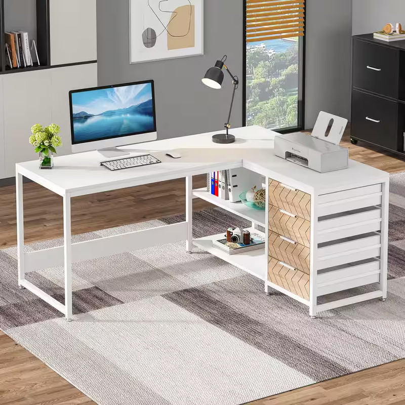 Lanita 59 In. L-Shaped White Engineered Wood 4-Drawer Executive Desk Shelves, Re