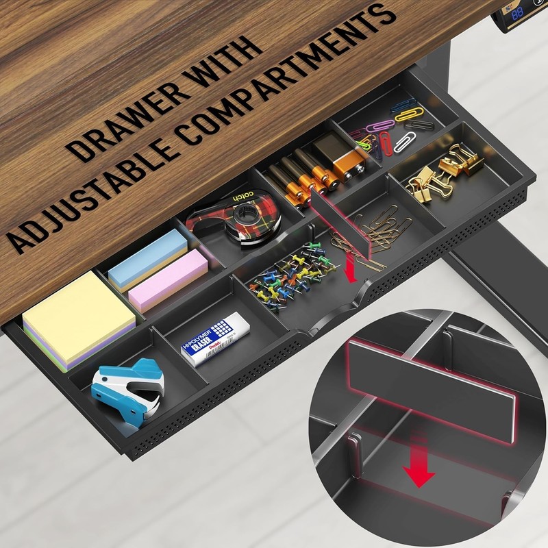 Modern Walnut Electric Adjustable Standing Desk with Cable Management & Drawer gallery